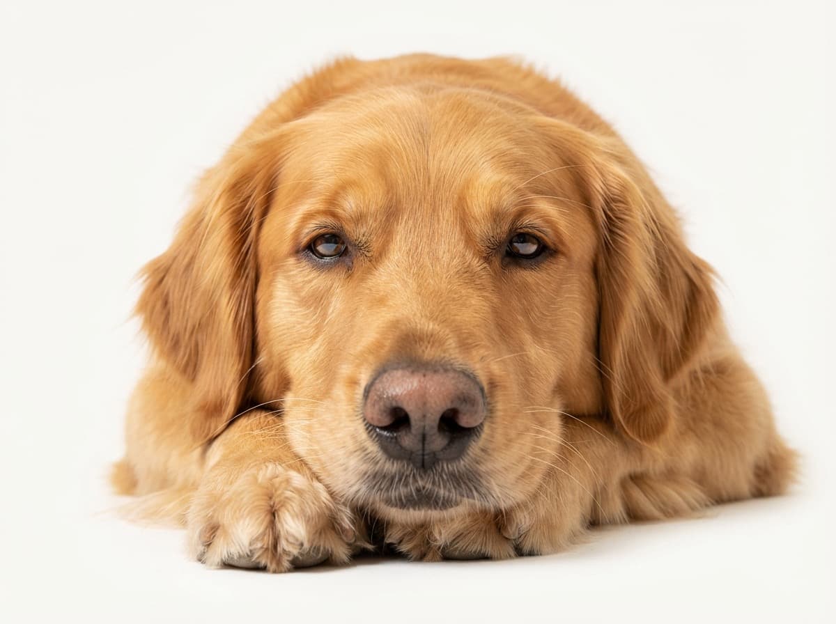 A relaxed golden retriever resting its chin on its paws